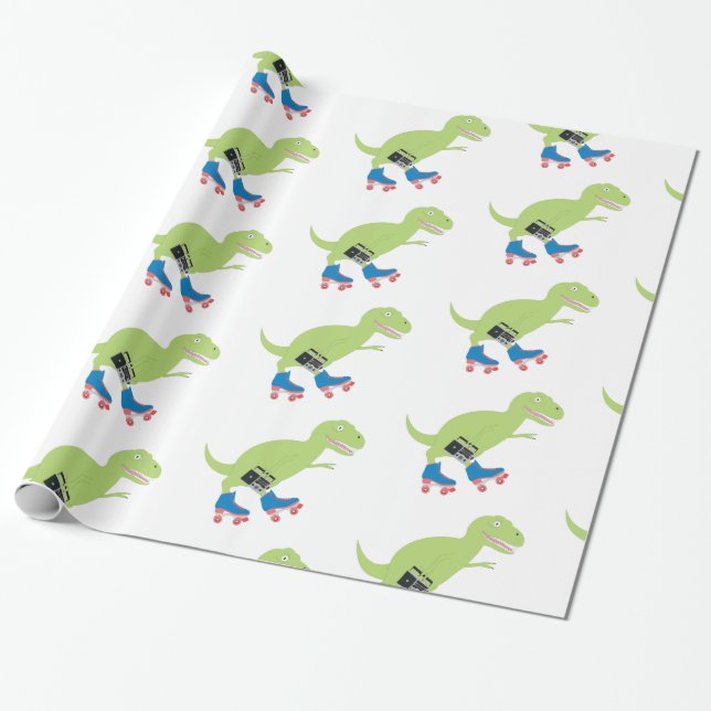 Dinosaur Roller Skating Holding Radio Presentpapper (Utrullad)