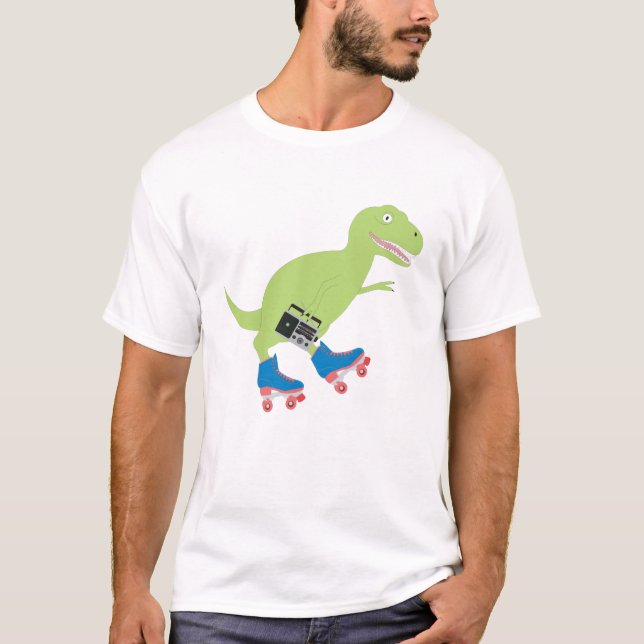 Dinosaur Roller Skating Holding Radio T Shirt (Framsida)