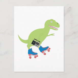 Dinosaur Roller Skating Holding Radio Vykort