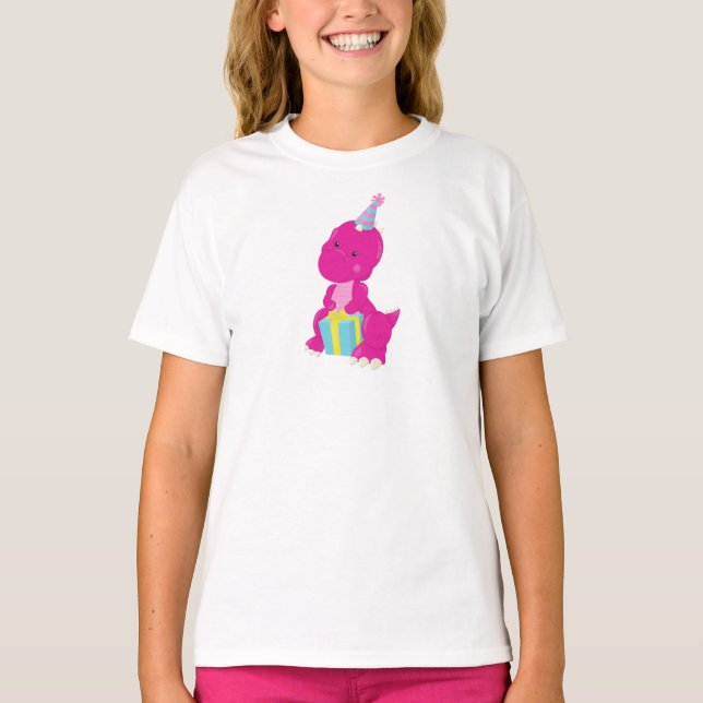 Dinosaur, Rosa Dinosaur, Party Hat, gåvor T Shirt (Framsida)