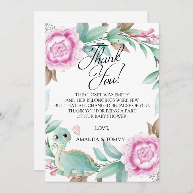 Dinosaur Rosa Peony Baby Shower Tack för ditt kort (Fram/baksida)