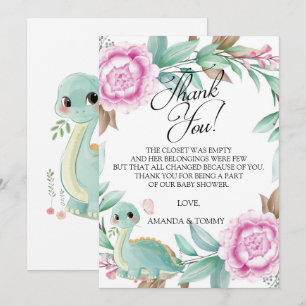 Dinosaur Rosa Peony Baby Shower Tack för ditt kort