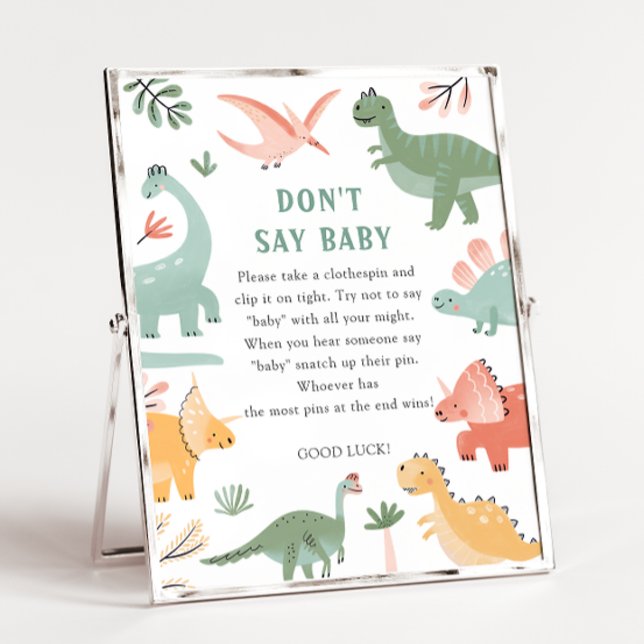 Dinosaur säger inte att Baby skriver under Poster (Dinosaur Don't Say Baby Shower Game Sign by Painted Paperie)