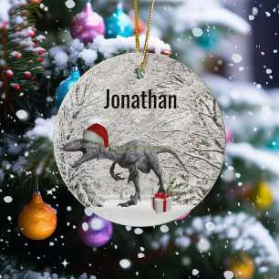 Dinosaur Santa Raptor Velociraptor Namn Julgransprydnad Keramik