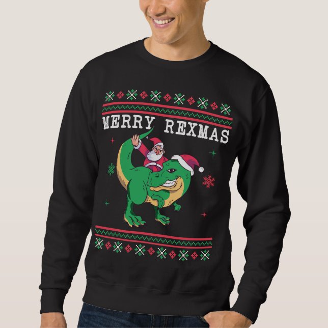 Dinosaur Santa T-Rex Ugly jul Sweater Lång Ärmad Tröja (Framsida)