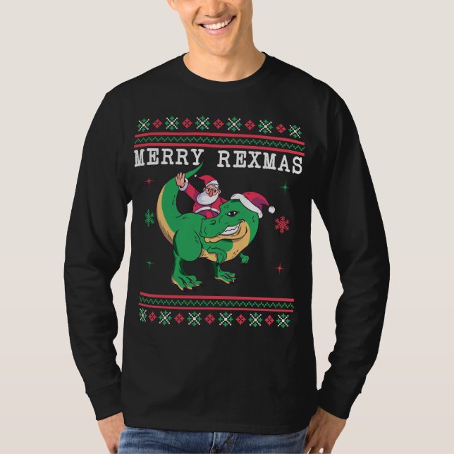 Dinosaur Santa T-Rex Ugly jul Sweater T Shirt (Framsida)