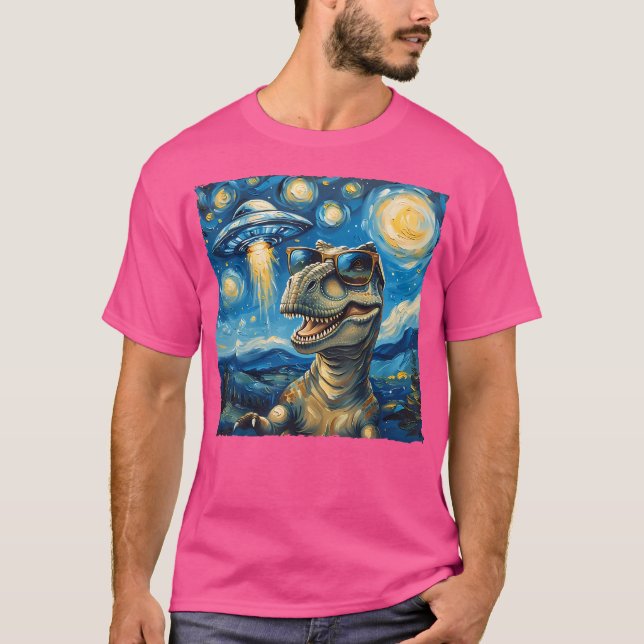 Dinosaur Selfie Van Gogh Stil Starry Night Alien T Shirt (Framsida)