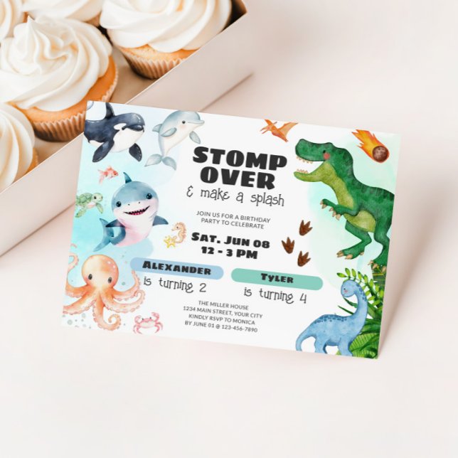 Dinosaur & Shark Under the Sea Sibling Birthday Inbjudningar (Sharks & Dinosaur Birthday Party Invite)