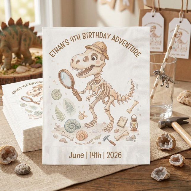 Dinosaur Skeleton Paleontologist Boy 4th Birthday Pappersservett (Skapare uppladdad)