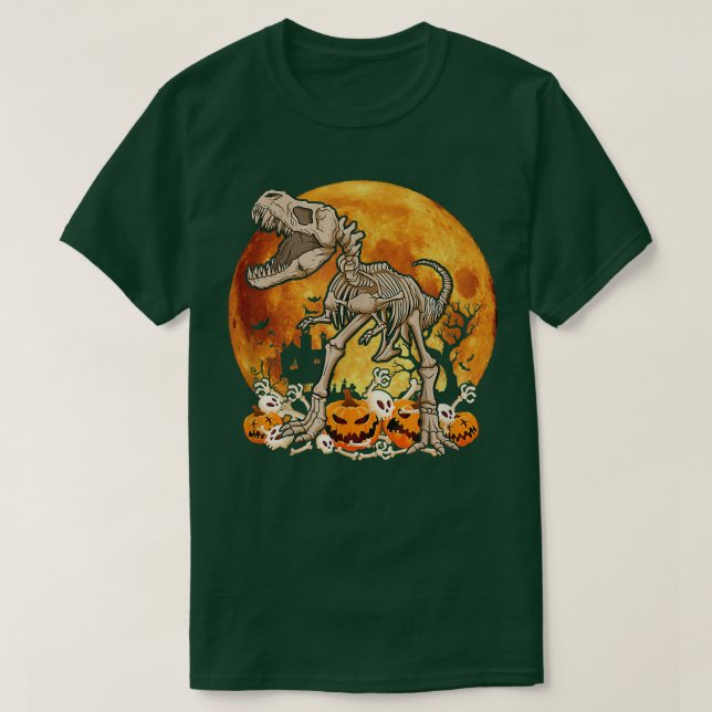 Dinosaur Skeleton Pumpkin med Måne Halloween-kostn T Shirt (Design framsida)