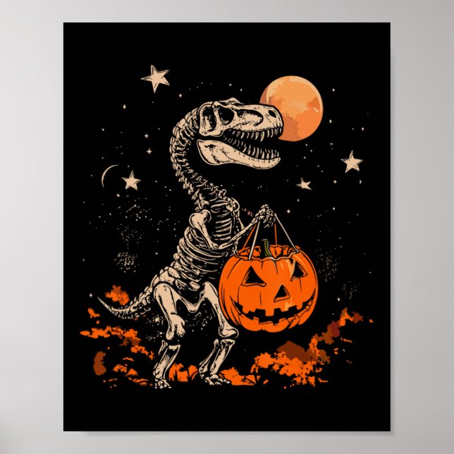 Dinosaur Skeleton Scary Pumpkin Måne Halloween Boy Poster (Framsidan)