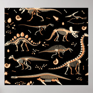 Dinosaur skelett, fossils, vintage mönster. poster