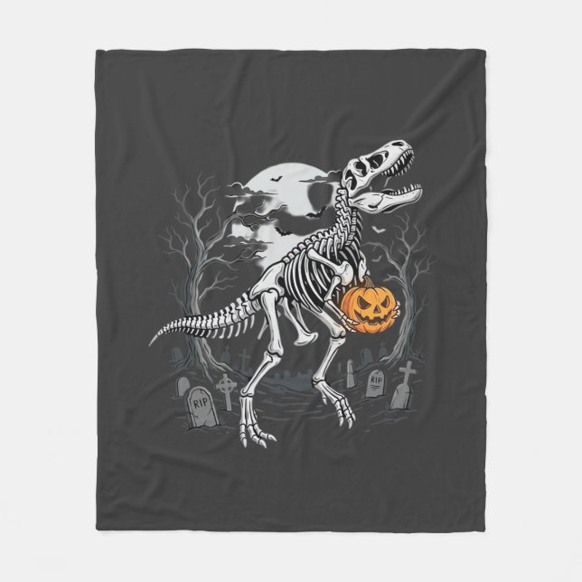 Dinosaur Skelett Halloween Pumpa Kyrkogård Desi Fleecefilt (Framsidan)