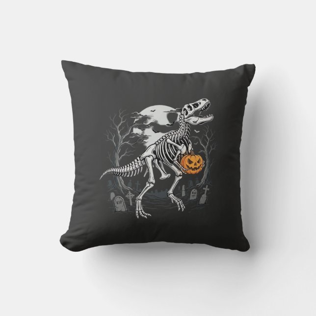 Dinosaur Skelett Halloween Pumpa Kyrkogård Desi Kudde (Framsida)