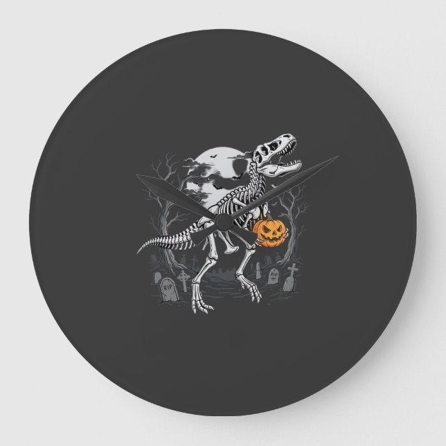 Dinosaur Skelett Halloween Pumpa Kyrkogård Desi Stor Klocka (Framsida)