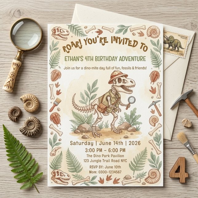 Dinosaur Skelett Paleontolog Pojke 4-årsdag Inbjudningar (Skapare uppladdad)