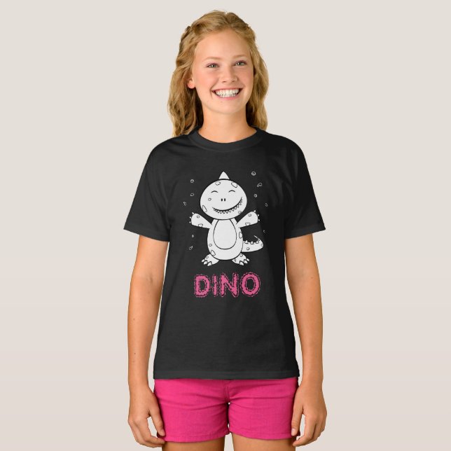 Dinosaur - Sketchade djur - Svart, Vit och Rosa T Shirt (Hel framsida)