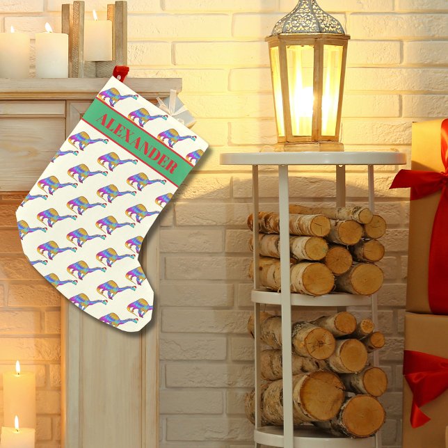 Dinosaur som bär tomtelucka Mönster Lägg till namn Liten Julstrumpa (Colorful Christmas dinosaur pattern add name custom stocking with brontosaurus wearing a Santa hat)
