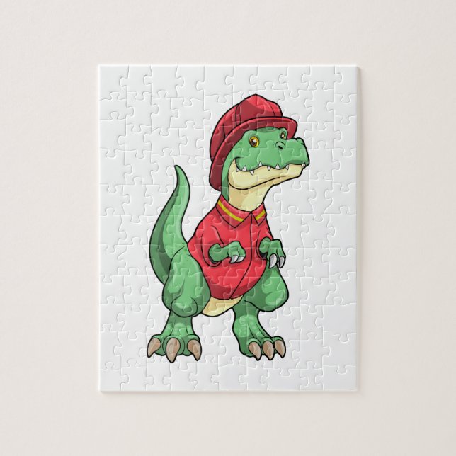 Dinosaur som brandman med brandhjälm pussel (Vertikal)