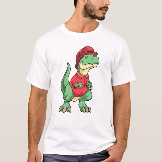 Dinosaur som brandman med brandhjälm t shirt (Framsida)