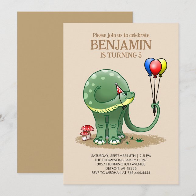 Dinosaur som håller ballonger födelsedag inbjudningar (Fram/baksida)