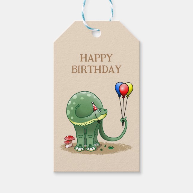 Dinosaur som håller ballonger födelsedag presentetikett (Framsidan)