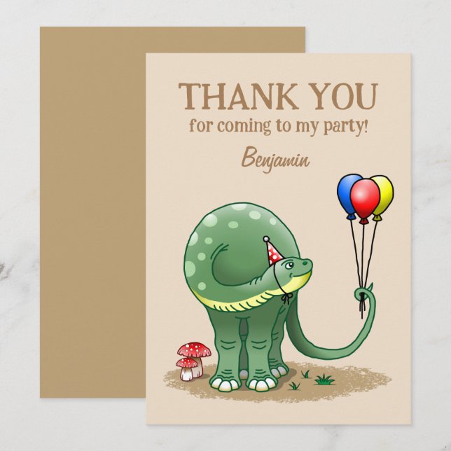 Dinosaur som håller ballonger födelsedag tack kort (Fram/baksida)