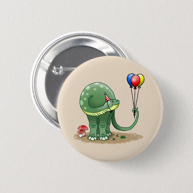 Dinosaur som håller födelsedagsballongerna knapp (Framsida & baksida)