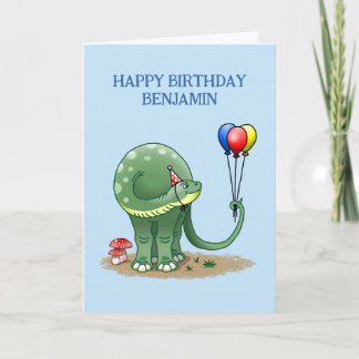 Dinosaur som håller tre ballonger födelsedag kort