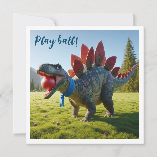 Dinosaur som spelar boll, Stegosaurus födelsedagsi Inbjudningar (Framsida)