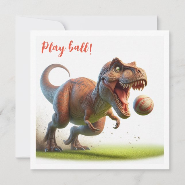 Dinosaur spelar boll, t-rex födelsedagsinbjudan inbjudningar (Framsida)