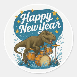 Dinosaur spelar Drums Sticker Gott nytt år. Runt Klistermärke