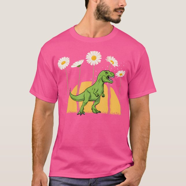 Dinosaur Spring Sunset Towering Daisy Flowers Dino T Shirt (Framsida)