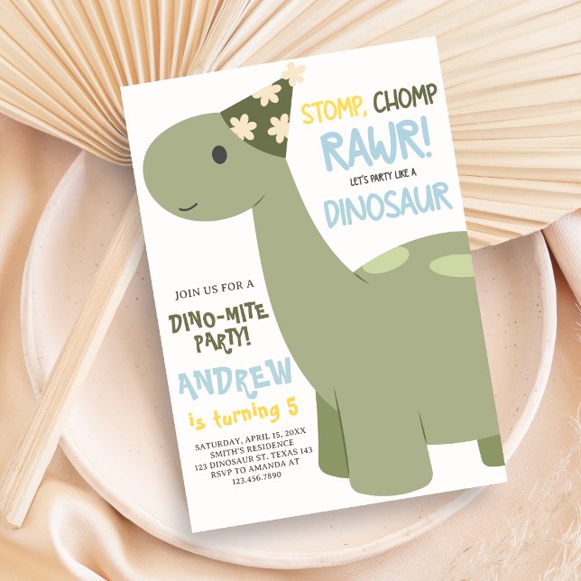 Dinosaur Stamp Chomp Rawr Födelsedagsfest Inbjudningar (Dinosaur Birthday Party Invitation)