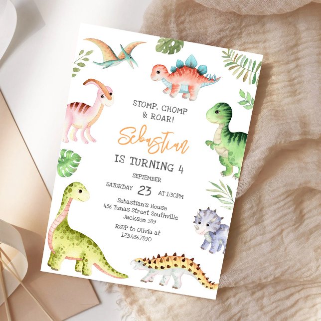 Dinosaur Stamp Chomp Ryta Födelsedagsfest Inbjudningar (Skapare uppladdad)