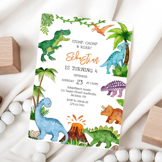 Dinosaur Stamp Chomp Ryta Födelsedagsfest  Inbjudningar (Skapare uppladdad)