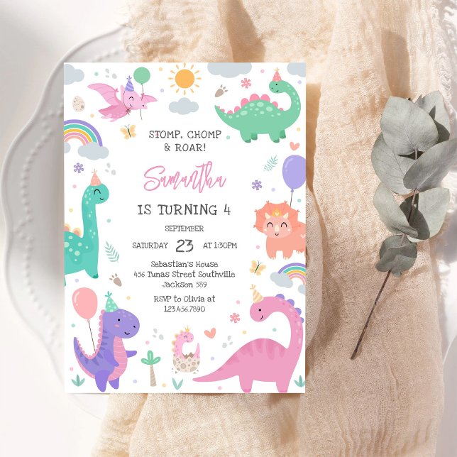 Dinosaur Stamp Chomp Ryta Födelsedagsfest  Inbjudningar (Skapare uppladdad)