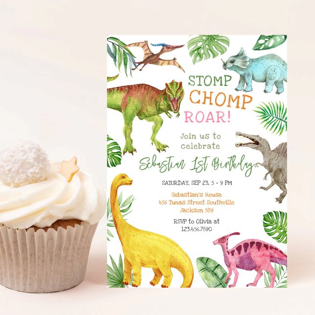 Dinosaur Stamp Chomp Ryta Födelsedagsfest  Inbjudningar (Skapare uppladdad)