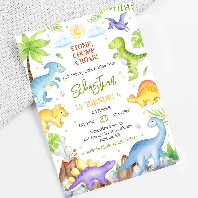 Dinosaur Stamp Chomp Ryter Födelsedagsfest  Inbjudningar (Skapare uppladdad)