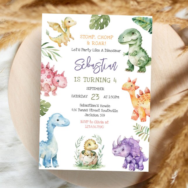 Dinosaur Stamp Chomp Ryter Födelsedagsfest Inbjudningar (Skapare uppladdad)