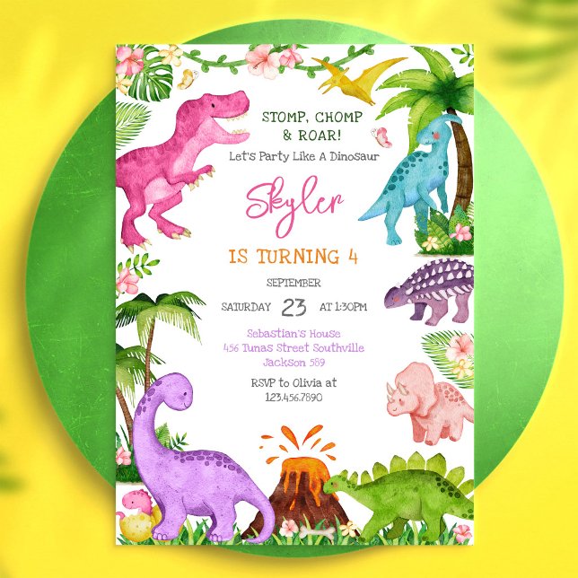 Dinosaur Stamp Tramp Ropa Födelsedagsfest Inbjudningar (Skapare uppladdad)