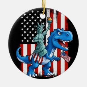 Dinosaur Statue Liberty 4:e juli Amerikanska Flagg Julgransprydnad Keramik