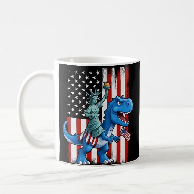 Dinosaur Statue Liberty 4:e juli Amerikanska Flagg Kaffemugg (Vänster)