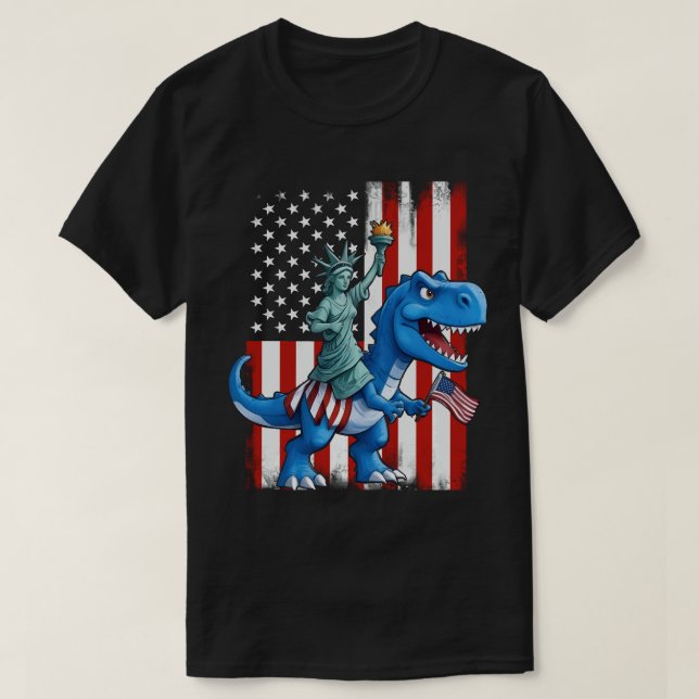 Dinosaur Statue Liberty 4:e juli Amerikanska Flagg T Shirt (Design framsida)
