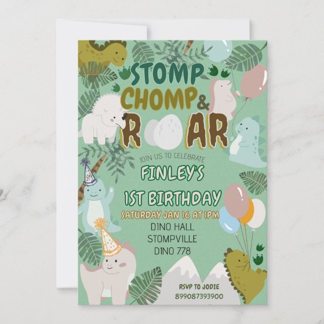 Dinosaur stomp chomp and roar birthday invitation  (Framsida)