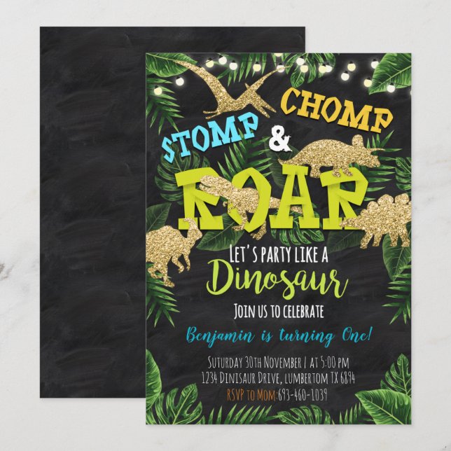 Dinosaur Stomp & Chomp Birthday-inbjudan Inbjudningar (Fram/baksida)