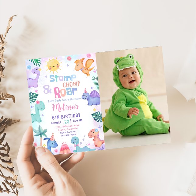 Dinosaur Stomp, Chomp och Roar Birthday Photo Inbjudningar (Skapare uppladdad)