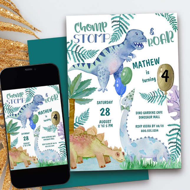 Dinosaur Stomp Chomp och Roar Boy Birthday Inbjudningar (4th birthday dinosaur invitation with personalized chomp stomp & roar rhyme)