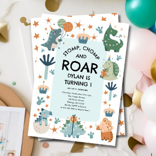 Dinosaur Stomp Chomp och Roar First Birthday Inbjudningar