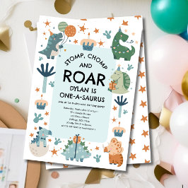 Dinosaur Stomp Chomp och Roar First Birthday Inbjudningar